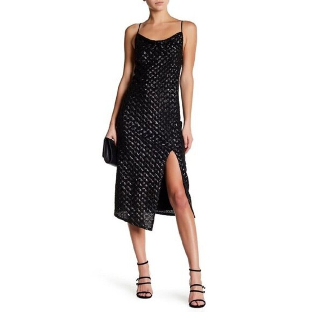 ABS by Allen Schwartz Black Sequin Slip Midi Dress High Slit Racer SZ S NEW $375